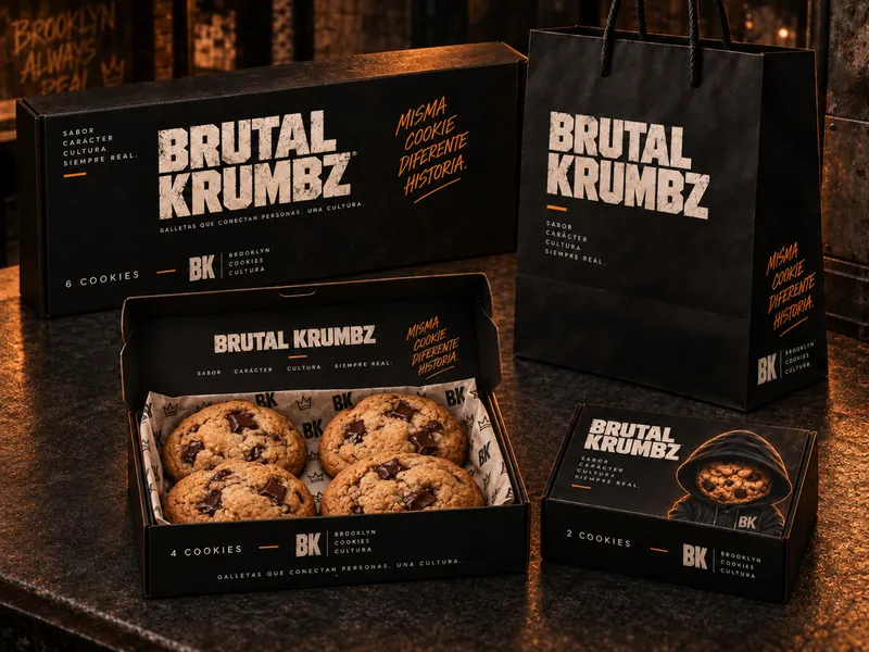 Cajas BRUTAL KRUMBZ de 2, 4 y 6 cookies y bolsa de la marca